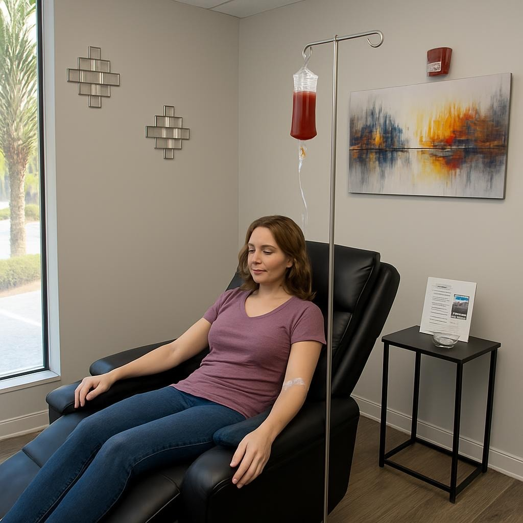 Patient receiving IV iron infusion therapy in a comfortable clinic room